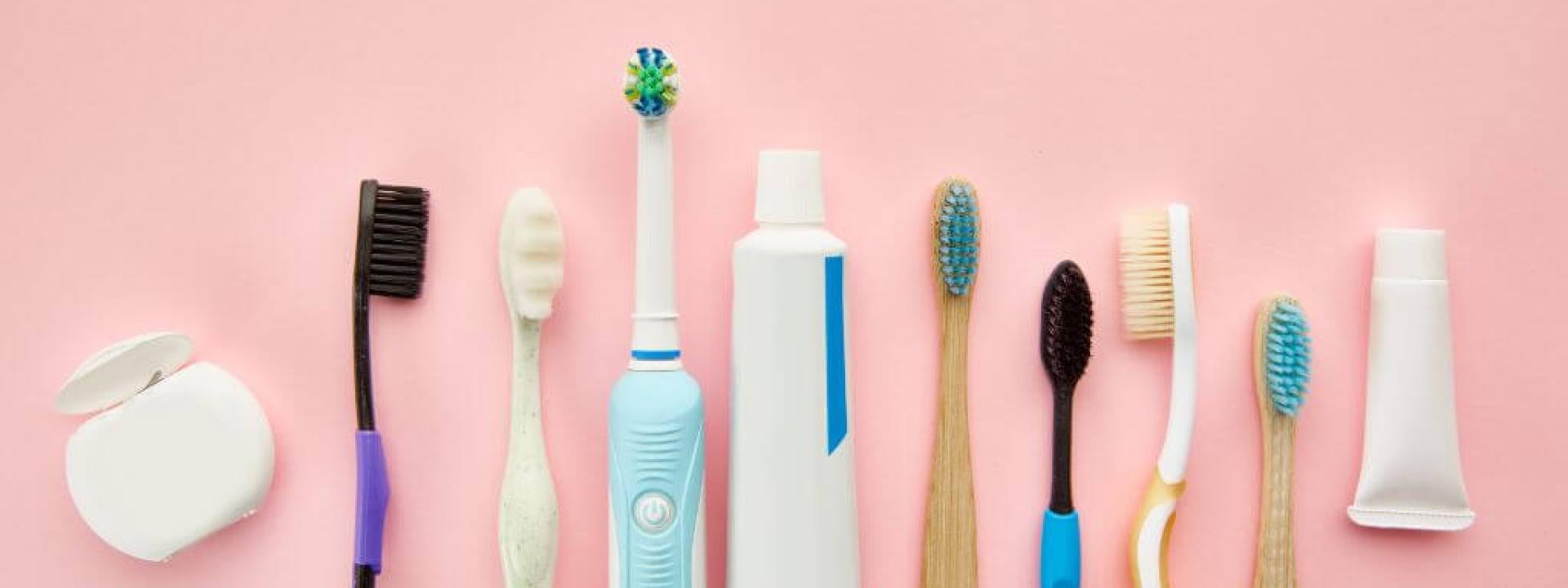 Line of toothbrushes in different shapes and sizes, part of dental care